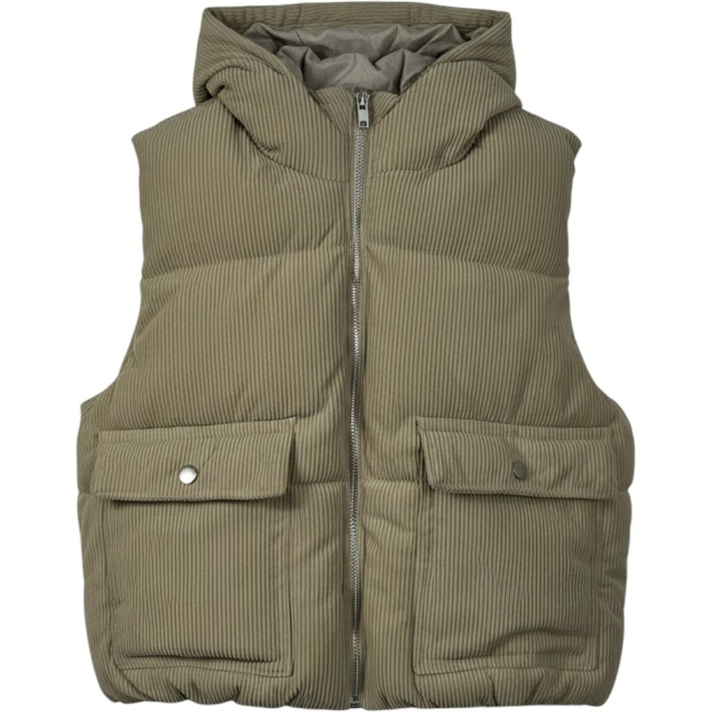IRIS Corduroy Puffer Vest Womens Large Tan Hooded Zip Up IJ99399 NWT